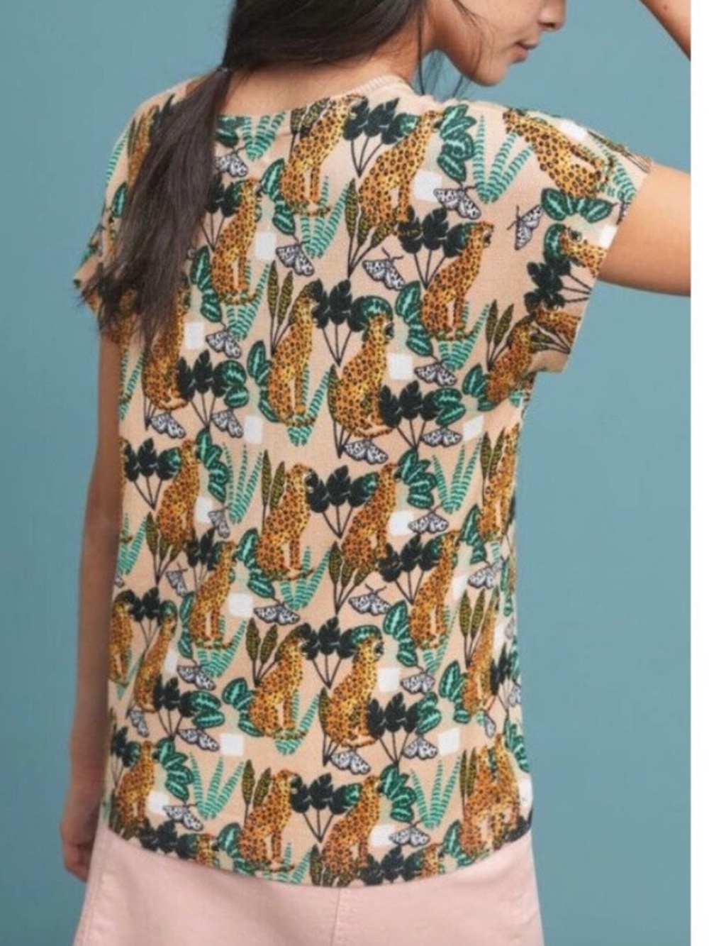 Anthropologie pepaloves pink jungle print sweater short sleeve